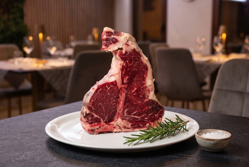 Costata di manzo cruda con osso e ben marezzata su piatto bianco, rosmarino e sale grosso