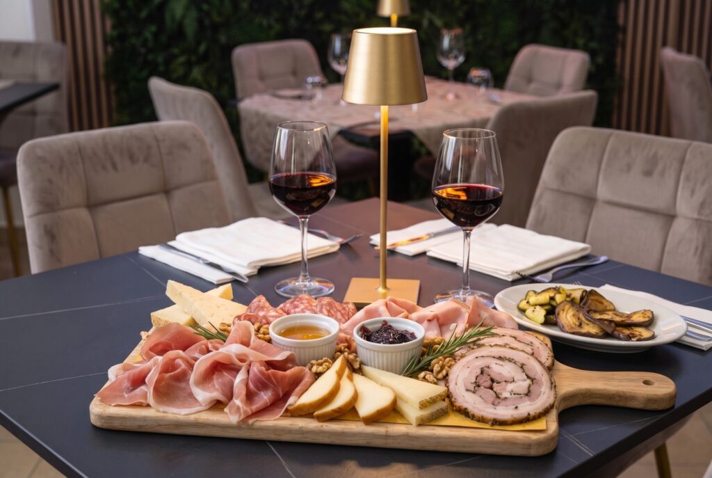 Tagliere di legno con prosciutto crudo, porchetta, salumi, formaggi e marmellatine