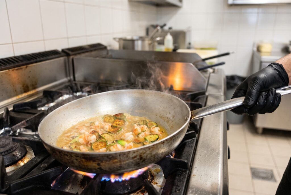 Padella sul fuoco con gamberi e zucchine nella cucina del ristorante