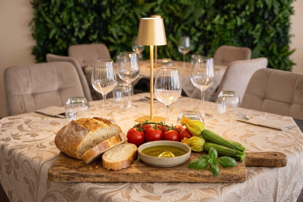Tagliere di legno con pane casereccio, olio, pomodori e zucchine di stagione sul tavolo de L'Angolo del Gusto