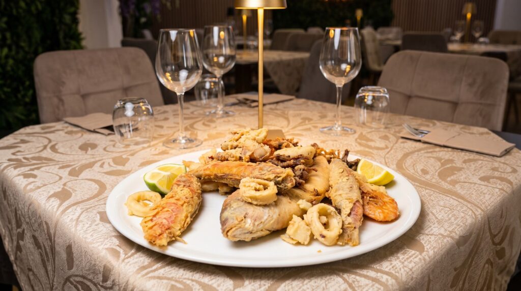 Piatto bianco con frittura mista dorata di calamari, triglie, gamberi e alici con limone, su tovaglia champagne
