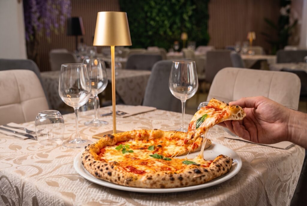 Una mano solleva una fetta di pizza Margherita con mozzarella filante, su un piatto bianco nel tavolo apparecchiato del locale