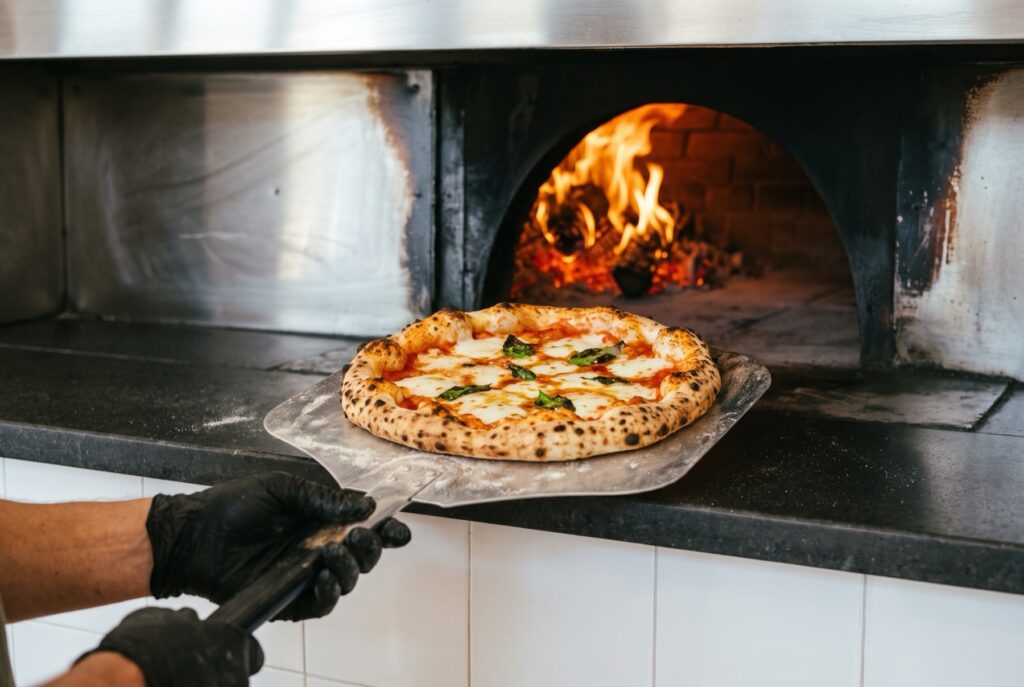 Pizza Margherita appena sfornata sulla pala davanti al forno a legna acceso