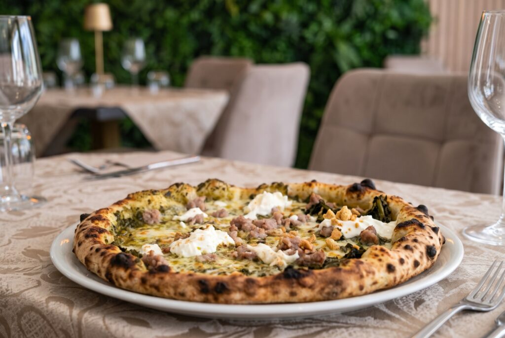 Pizza La Mia con fiordilatte, salsiccia, friarielli, stracciata e tarallo sbriciolato