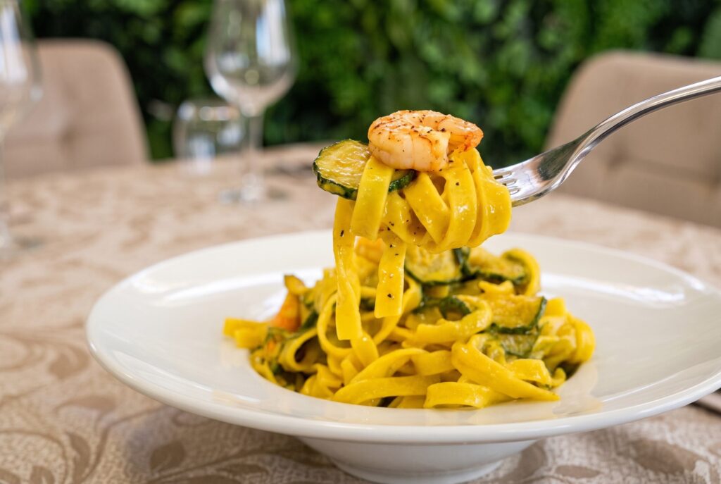 Forchettata di tagliatelle cremose allo zafferano con un gambero e una rondella di zucchina